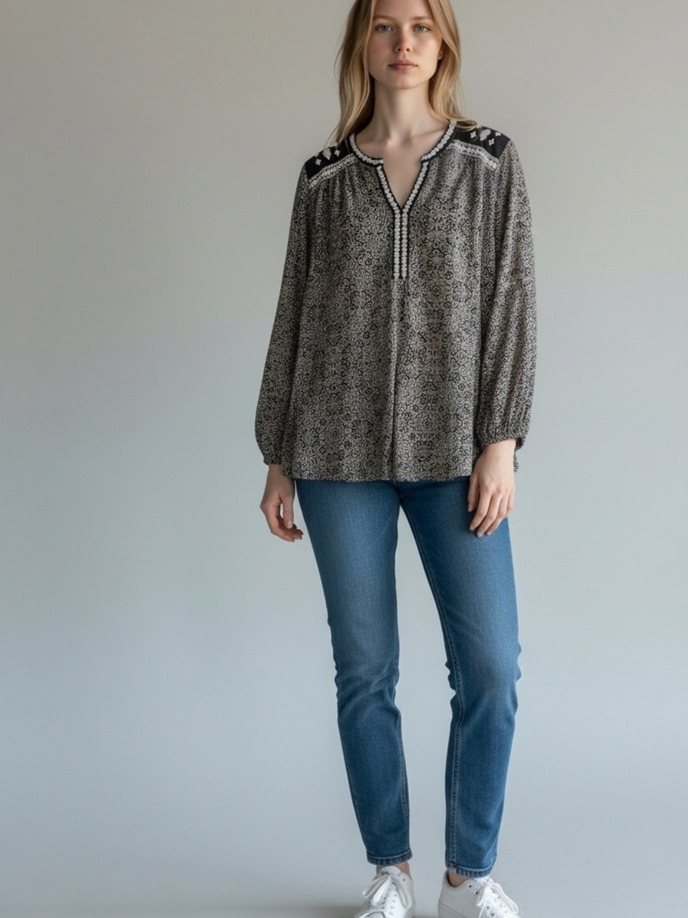Lucky Brand Black Cream Boho Print Peasant Blouse Size L/XL